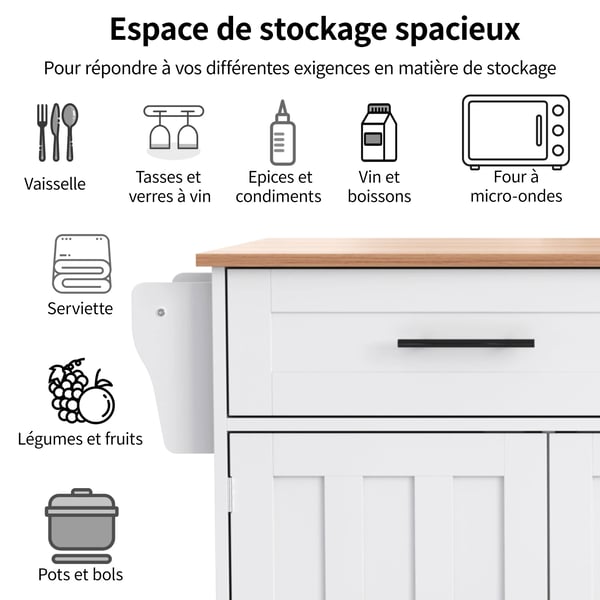 Køkkenø - Serveringsvogn - Klapbar bordplade - Hjul - Skab og 2 skuffer - 129×46(71)×91,5 cm - Hvid