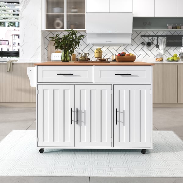 Køkkenø - Serveringsvogn - Klapbar bordplade - Hjul - Skab og 2 skuffer - 129×46(71)×91,5 cm - Hvid