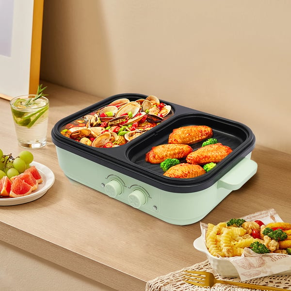 2-i-1 elektrisk hotpot og stegepande - Bordmodel - Glaslåg - Aluminiumslegering - 1300 W - 20 cm - 1,0 L + 0,2 L - 220–240 V - Grøn