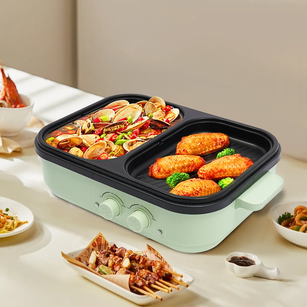 2-i-1 elektrisk hotpot og stegepande - Bordmodel - Glaslåg - Aluminiumslegering - 1300 W - 20 cm - 1,0 L + 0,2 L - 220–240 V - Grøn