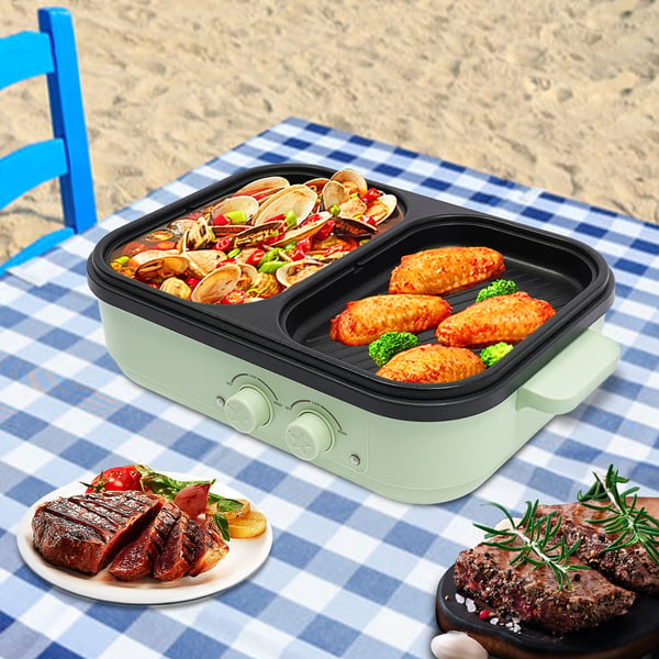 2-i-1 elektrisk hotpot og stegepande - Bordmodel - Glaslåg - Aluminiumslegering - 1300 W - 20 cm - 1,0 L + 0,2 L - 220–240 V - Grøn