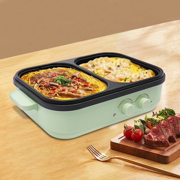 2-i-1 elektrisk hotpot og stegepande - Bordmodel - Glaslåg - Aluminiumslegering - 1300 W - 20 cm - 1,0 L + 0,2 L - 220–240 V - Grøn