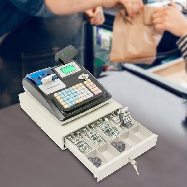 Elektronisk kasseapparat POS-system - 48 taster - LED-display - 36 afdelinger - 10000 PLU - 100–240 V - Rapportering og udskrivning - sort