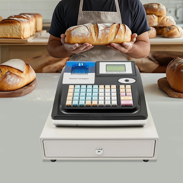 Elektronisk kasseapparat POS-system - 48 taster - LED-display - 36 afdelinger - 10000 PLU - 100–240 V - Rapportering og udskrivning - sort