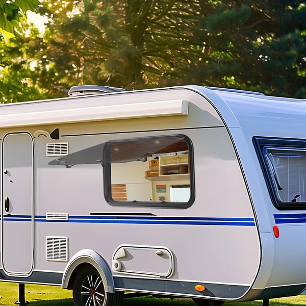 Autocamper/Campingvogn Vindue - Udslåeligt Sidevindue - 90 x 55 cm - 65° Åbning - Insektnet - Hærdet Glas, Aluminium - Sort