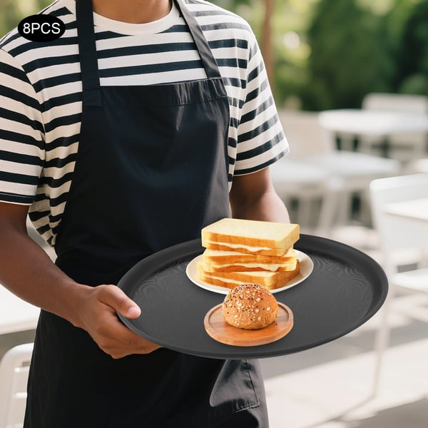 Serveringsbakker - Rund plast tjenerbakke - 8-pak - Ø 35 cm - Til restaurant og café - Håndvask - Sort