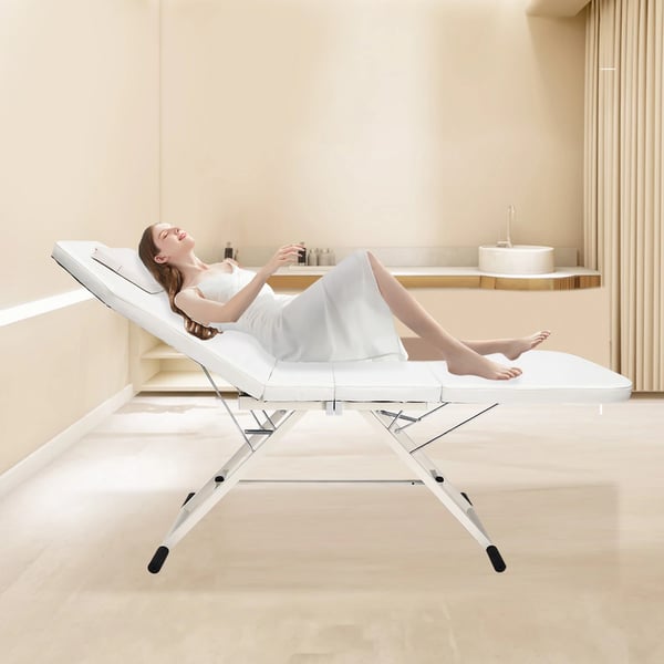Massagebriks - Salonleje - Sammenklappelig - Justerbart ryglæn - PU-læder, stålramme - Rektangulær - Hvid
