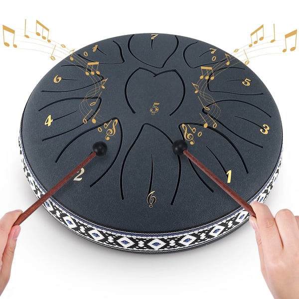 Tongue Drum - Teräskielirumpu - 15 cm - 10 säveltä - Hiiliteräs - Meditaatioon ja joogaan - Musta