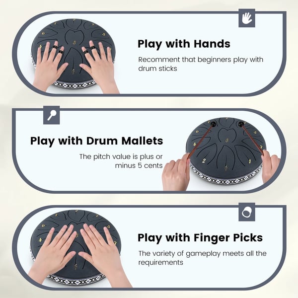 Tongue Drum - Tanktromme - 15 cm - 10 toner - Kulstofstål - Til meditation og yoga - Sort