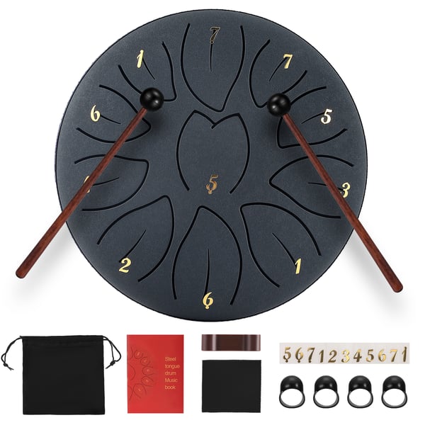 Tongue Drum - Tanktromme - 15 cm - 10 toner - Kulstofstål - Til meditation og yoga - Sort