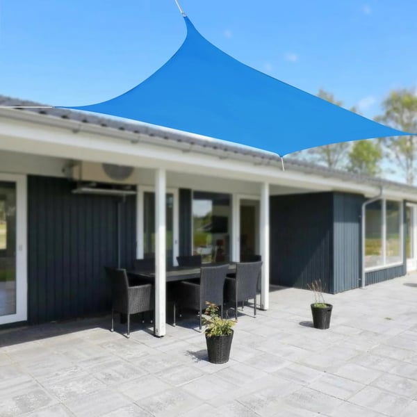 Solsejl - Rektangulært HDPE - UV-beskyttelse - Til altan, terrasse og have - Beslag i rustfrit stål og reb - 4 x 6 m - Blå