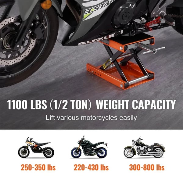 Motorcykelløfter - Saksedonkraft - 500 kg løftekapacitet - Bred platform - Sikkerhedssplit - Stål