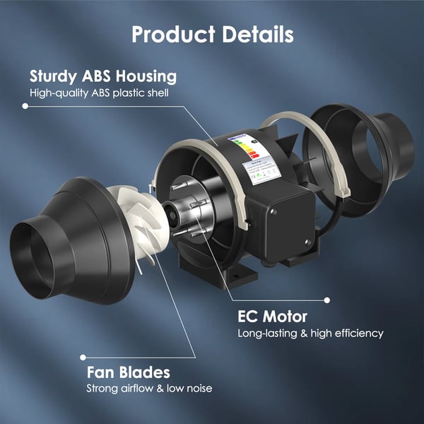 Kanalventilator - Inline udsugningsblæser - 10 cm - 360 m³/t luftflow - Variabel hastighed - EC-motor - DC - Til dyrkningstelte - Sort