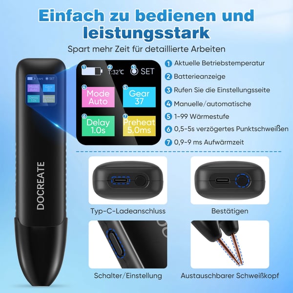Batteripunktsvejser - Håndholdt - Automatisk/Manuel Tilstand - 99 Justerbare Niveauer - LED-Display - Til Batteripakker - Sort