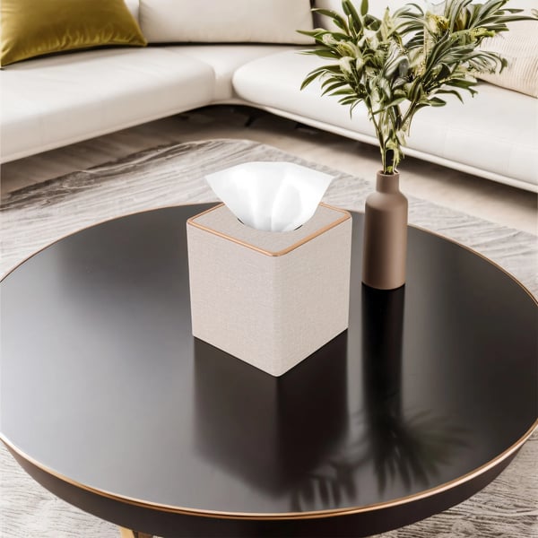Vævsboks & Vævsholder - Bordmodel - Firkantet - Magnetisk bund - 13,5 x 13,5 x 14,5 cm - PU/MDF/Fløjl - Off-white