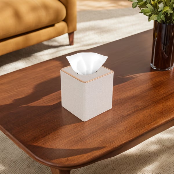 Vævsboks & Vævsholder - Bordmodel - Firkantet - Magnetisk bund - 13,5 x 13,5 x 14,5 cm - PU/MDF/Fløjl - Off-white