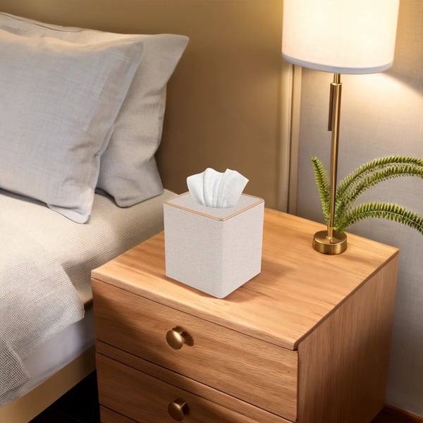 Vævsboks & Vævsholder - Bordmodel - Firkantet - Magnetisk bund - 13,5 x 13,5 x 14,5 cm - PU/MDF/Fløjl - Off-white