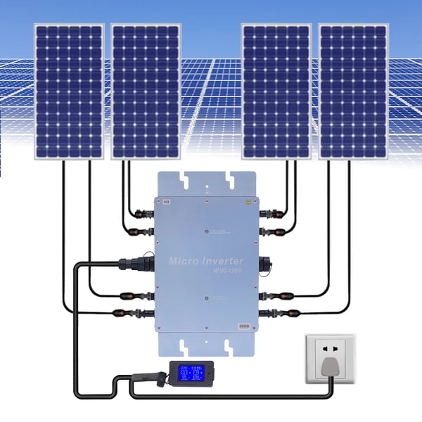 Solcelleinverter - Nettilsluttet mikroinverter - Effekt 1200W - Udgang 220V AC - Indgang 17–50V DC - Vandtæt - LCD-skærm - PLC, Maks 6/fase