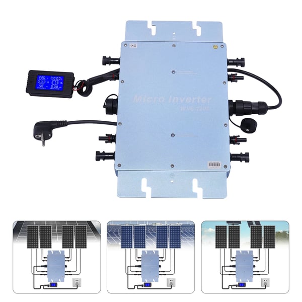 Solcelleinverter - Nettilsluttet mikroinverter - Effekt 1200W - Udgang 220V AC - Indgang 17–50V DC - Vandtæt - LCD-skærm - PLC, Maks 6/fase