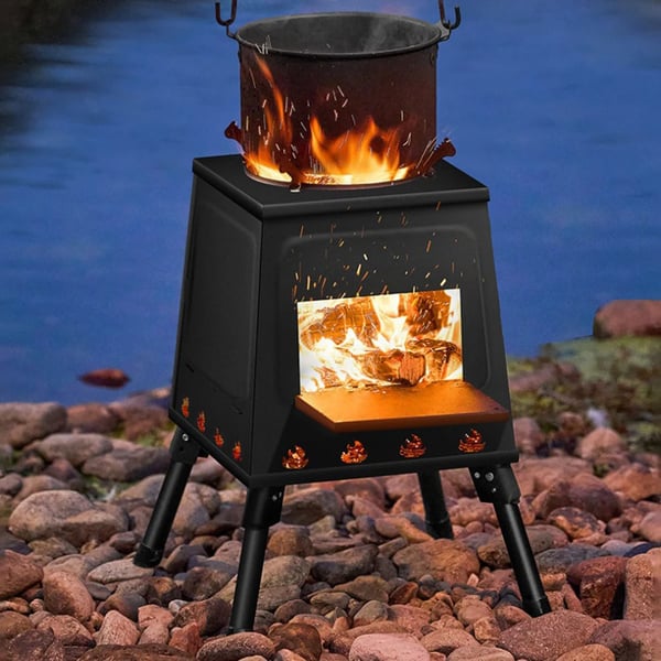 Camping komfur til træ - Bærbar foldbar brænder/grill - Rustfrit Stål - Træfyring - Med Grillrist - Tænding Ikke Inkluderet