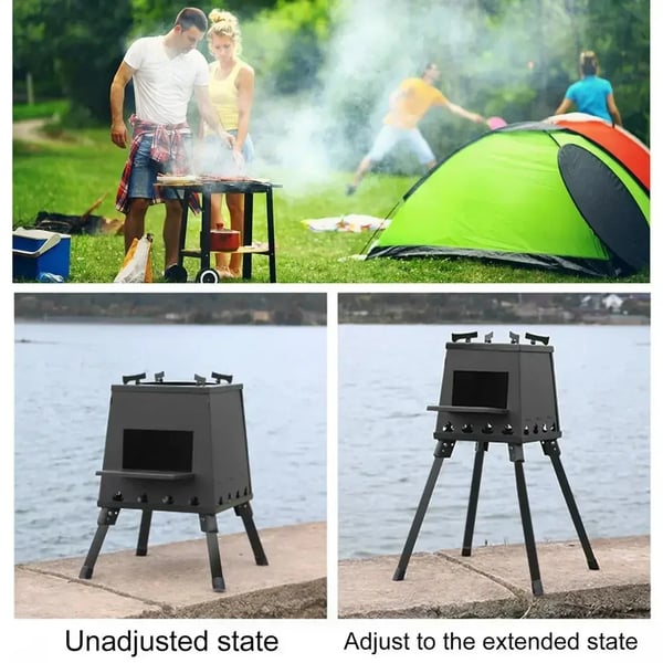 Camping komfur til træ - Bærbar foldbar brænder/grill - Rustfrit Stål - Træfyring - Med Grillrist - Tænding Ikke Inkluderet