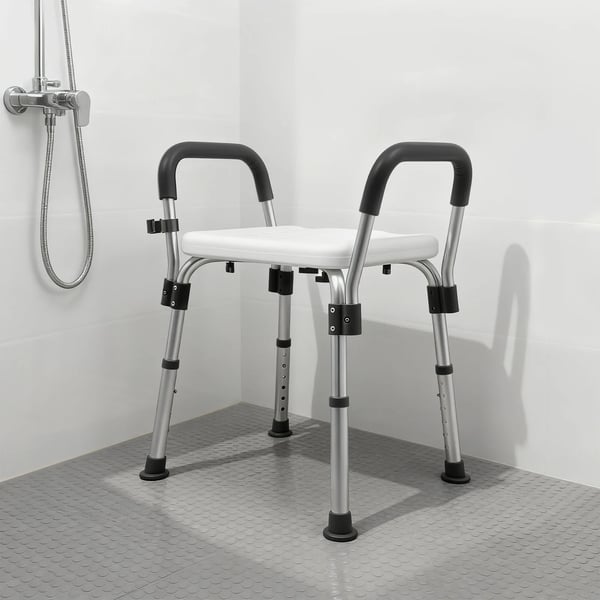 Brusestol - Brusebænk med armlæn - Højdejusterbar 37–49 cm - Skridsikre fødder - Maks 150 kg - Hvid