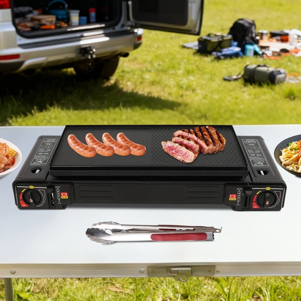 Camping gaskomfur - Dobbeltblus - Effekt 2,5 kW - Piezo-tænding - Butan/LP-gas - Bageplade medfølger - Bordmodel - Mørkegrå