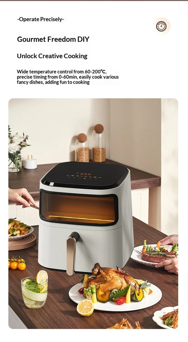 Airfryer Varmluftsfriture - 6,5 L - Vindue - Hurtig Varmluftscirkulation - Touchskærm - 8 Forudindstillede Programmer - EU-stik 110 V - Hvid