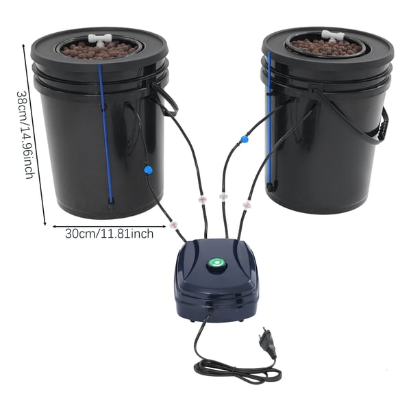 Hydroponisk dyrkningssystem - Plantespande - Sæt med 2 med drypvandingssæt - 19 L (5 gallon) - 30x38 cm - Sort
