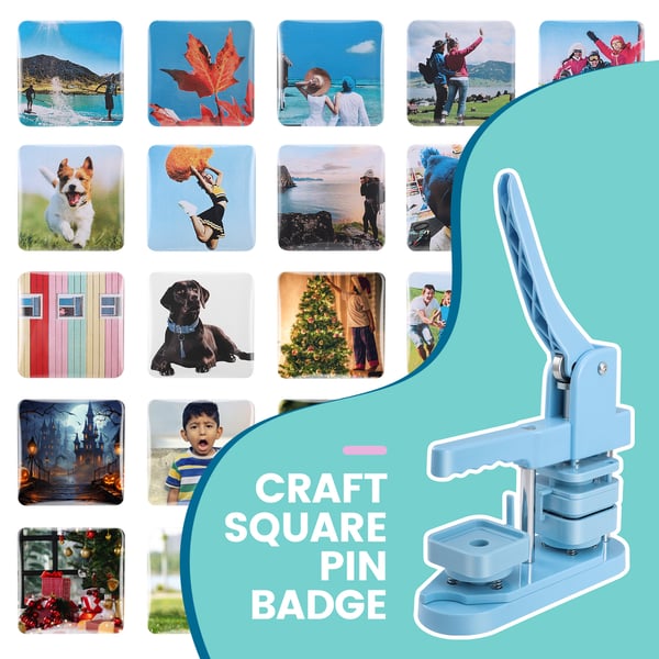 Badgemaskin/knappmaskin - Fyrkantig knapp-press - Form 5 × 5 cm - Paket med 100 set - DIY fotobadge - Blå