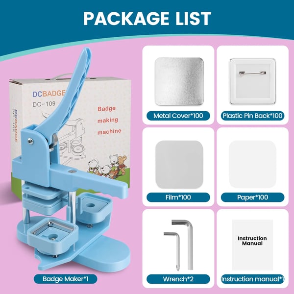 Badgemaskin/knappmaskin - Fyrkantig knapp-press - Form 5 × 5 cm - Paket med 100 set - DIY fotobadge - Blå