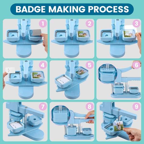 Badgemaskin/knappmaskin - Fyrkantig knapp-press - Form 5 × 5 cm - Paket med 100 set - DIY fotobadge - Blå