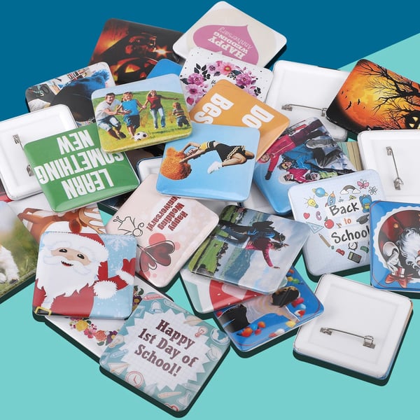 Badgemaskin/knappmaskin - Fyrkantig knapp-press - Form 5 × 5 cm - Paket med 100 set - DIY fotobadge - Blå