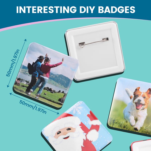 Badgemaskin/knappmaskin - Fyrkantig knapp-press - Form 5 × 5 cm - Paket med 100 set - DIY fotobadge - Blå