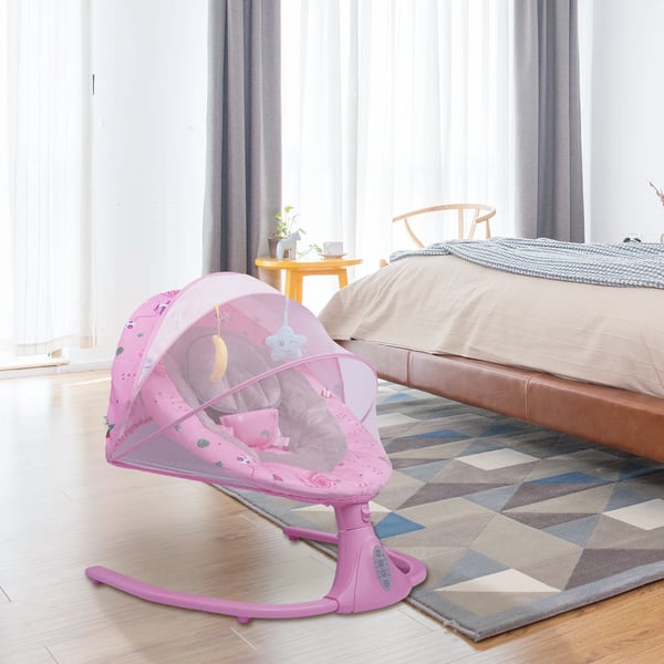 Babygynge - Elektrisk gynge - 4 Hastigheder - 3 Vinkler 45°/55°/65° - Timer 8/15/30/60 min - 12 Vuggeviser - 3-punktssele - Max 20 kg - Lyserød