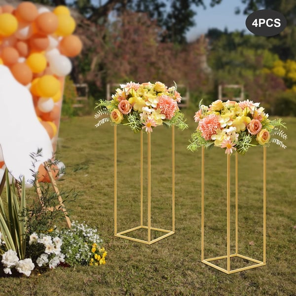 Bryllupsdekoration - Blomsterstander - Rektangulær - Sæt Med 4 - Metal - Højde 60 cm - Bund 24×24 cm - Borddekoration - Guld