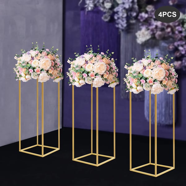 Bryllupsdekoration - Blomsterstander - Rektangulær - Sæt Med 4 - Metal - Højde 60 cm - Bund 24×24 cm - Borddekoration - Guld