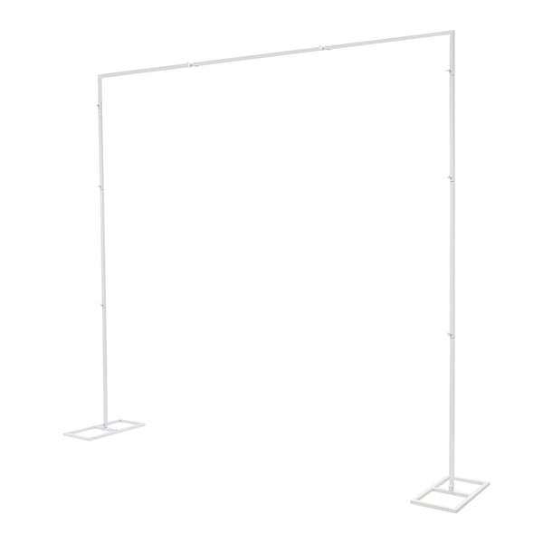 Baggrundsstativ til bryllup - Kvadratisk jernramme - Justerbar - 2,4×2,4 m - Bæreevne 3–5 kg - Stabil base 23×50 cm - Hvid