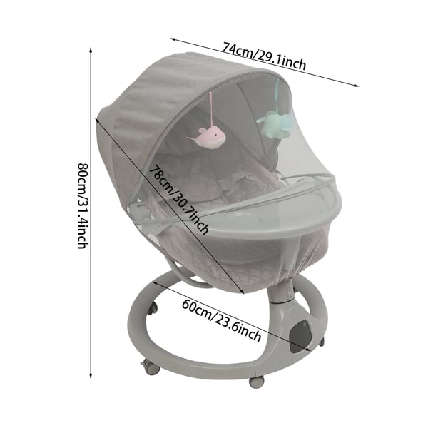 Elektrisk babygynge - Babyvugge - 5 hastigheder - Bluetooth - Fjernbetjening - Musik - 0–18 måneder - 20 kg - Grå