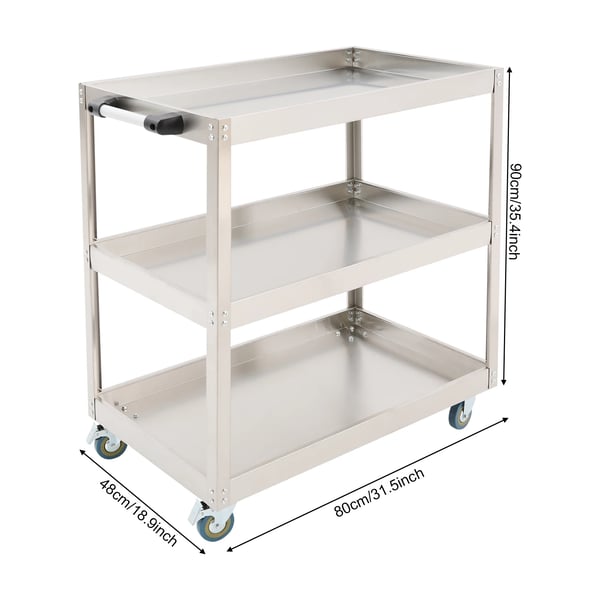 Servicevogn - Kraftig værktøjsvogn med hjul - 3 Hylder - 201 Rustfrit Stål + Aluminiumlegering - Op til 200 kg Bæreevne - 80×48×90 cm - Sølv