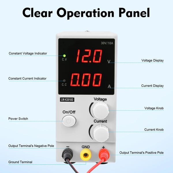 Säädelty laboratoriovirtalähde - Pöytämalli - AC 220 V/50 Hz - LED-näyttö - Tarkkuus - Musta