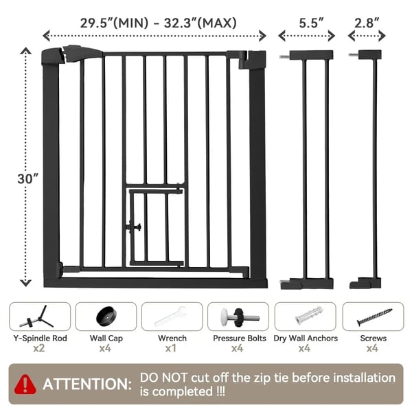 Sikkerhedsgitter - Dør- og trappegitter - Justerbar bredde 75–103 cm - Med kattelem - Til indendørs brug - PVC - Sort