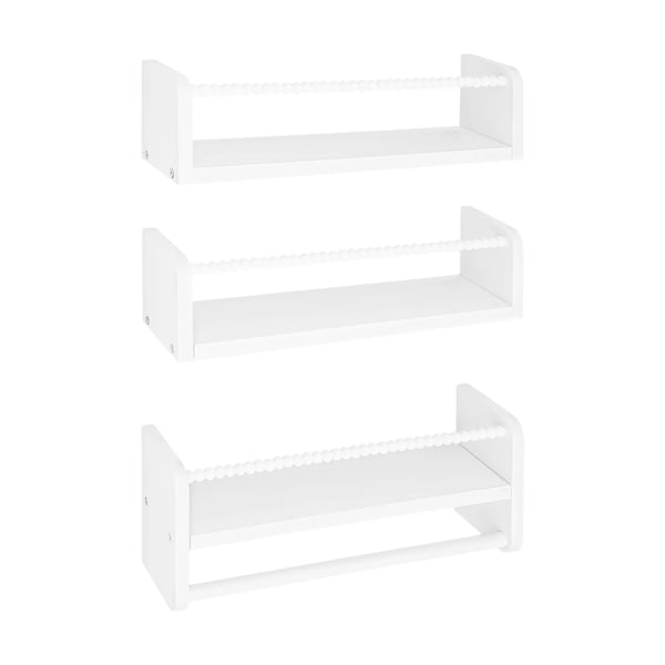 Vægshylder til børneværelse - Sæt med 3 opbevaringshylder - Træ med træperler - Mål 40 x 10 cm - Alsidig brug badeværelse/stue - Hvid