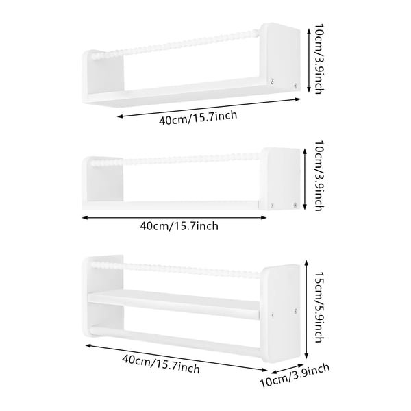 Vægshylder til børneværelse - Sæt med 3 opbevaringshylder - Træ med træperler - Mål 40 x 10 cm - Alsidig brug badeværelse/stue - Hvid