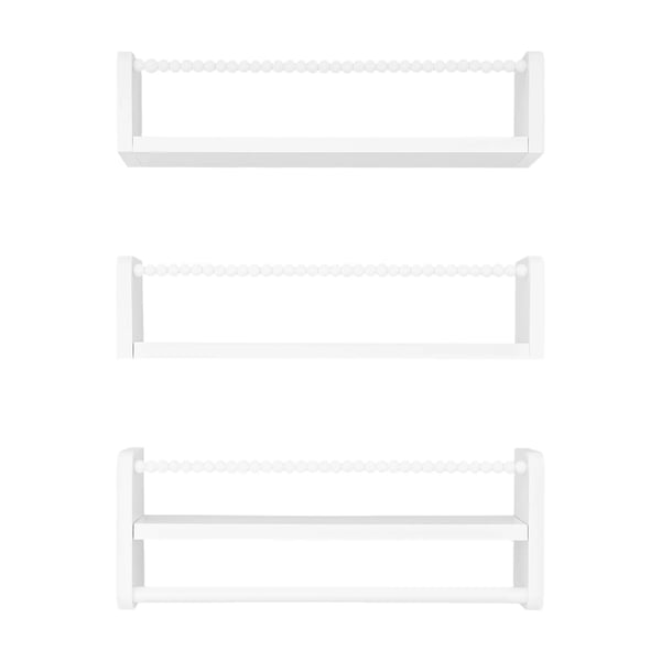 Vægshylder til børneværelse - Sæt med 3 opbevaringshylder - Træ med træperler - Mål 40 x 10 cm - Alsidig brug badeværelse/stue - Hvid