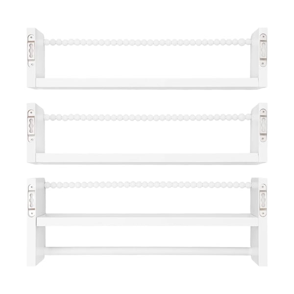 Vægshylder til børneværelse - Sæt med 3 opbevaringshylder - Træ med træperler - Mål 40 x 10 cm - Alsidig brug badeværelse/stue - Hvid