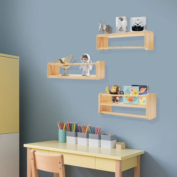 Væghængte boghylder - 3-pak træhylder - 40 x 10 cm - Til børneværelse/badeværelse/stue - Multifunktionel opbevaring - Sort