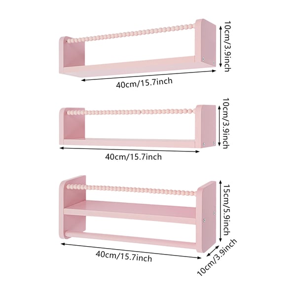 Væghylder - Sæt 3 stk - Vægmonterede - Træ - Boghylder & Opbevaring - 40 x 10 cm - Multifunktionel - Pink