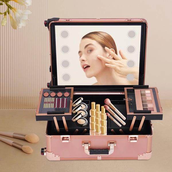 Makeupkuffert På Hjul - Kosmetiktrolley - Med Lys - Låsbar - Teleskophåndtag - Opbevaringsrum - Rosaguld Pink