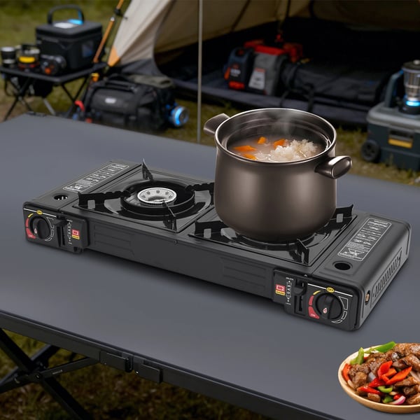 Camping gasblus - Dobbeltbrænder - Effekt 2500 W pr. Brænder - Integreret Tænding - 63×26×12 cm - Med Bæretaske - Sort